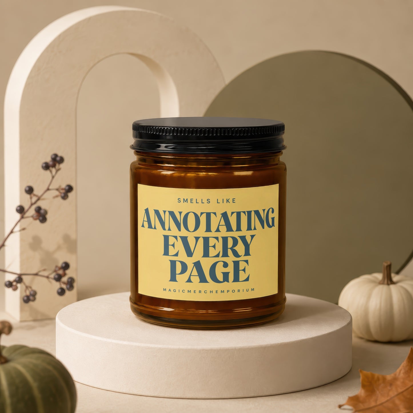 Amber candle with yellow label reading "Smells Like Annotating Every Page". MagicMerchEmporium.