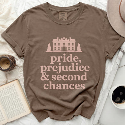 Brown t-shirt with "pride, prejudice & second chances" text.