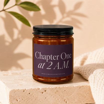 Amber candle with a dark purple label reading "Chapter One at 2 A.M."