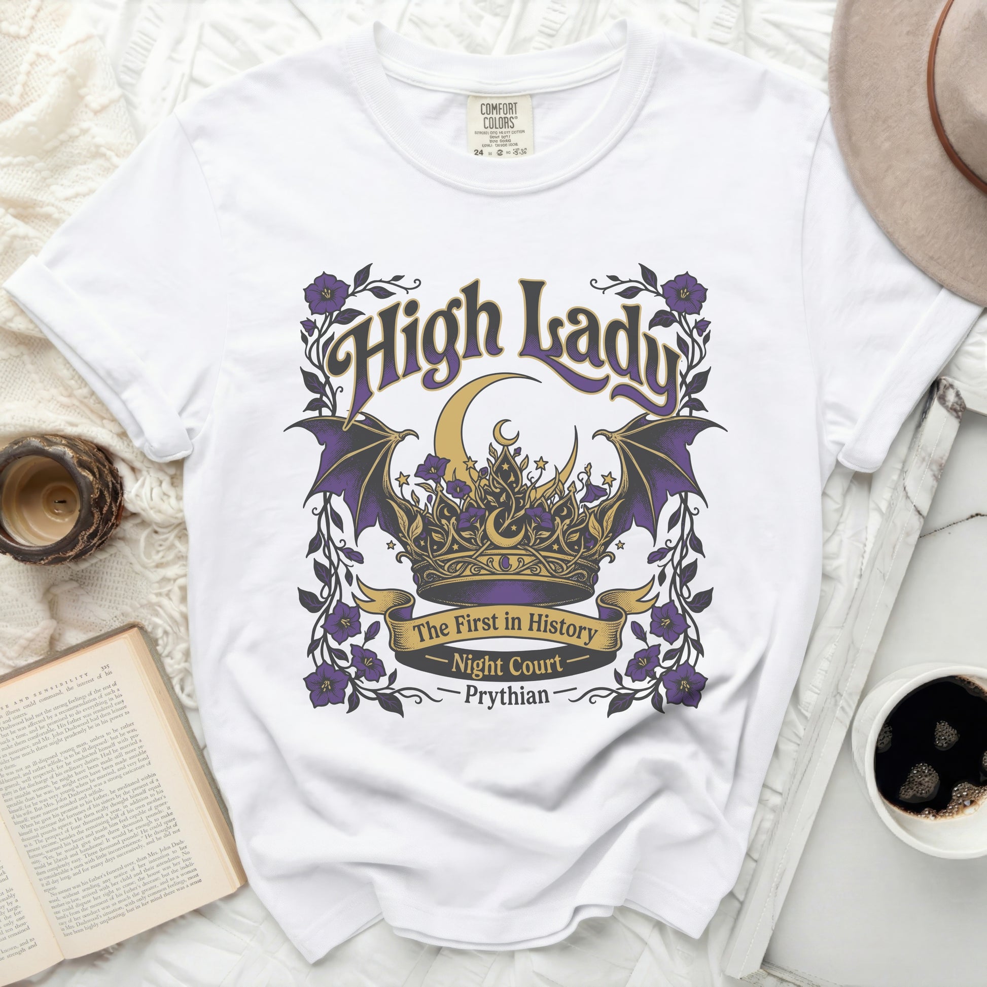 White t-shirt with "High Lady" text, crown, bats, and crescent moon.