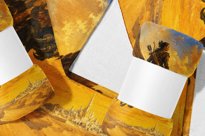 Rolled blanket with fantasy art of archer and city skyline.