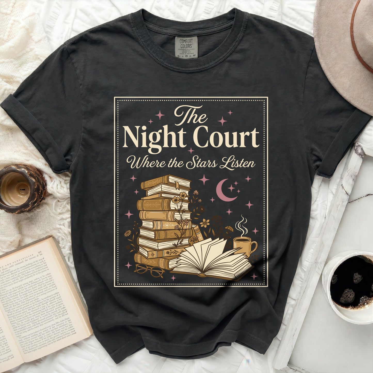 Black t-shirt with "The Night Court Where the Stars Listen" graphic.