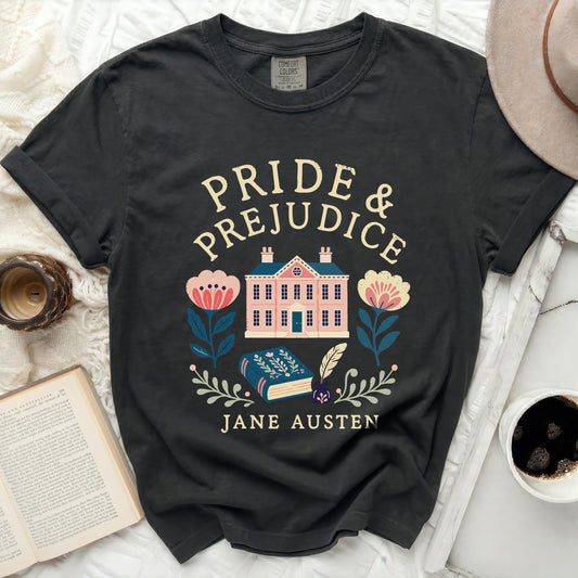 Black Comfort Colors t-shirt with Jane Austen's Pride and Prejudice book cover illustration.