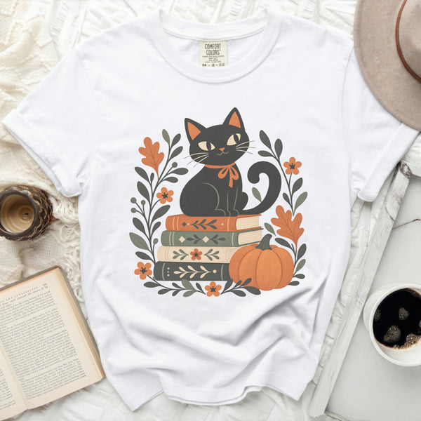 Cozy Bookish Cat Tee in White