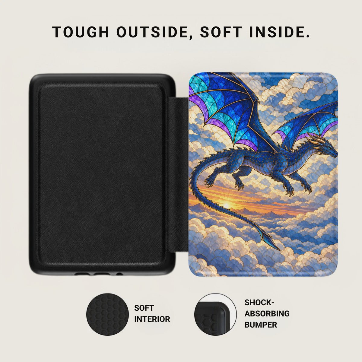 Black case open to reveal a blue dragon design against clouds and a sunset.
