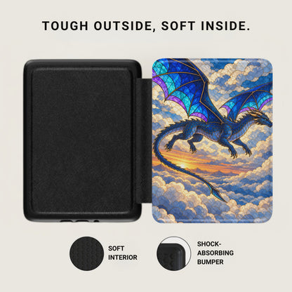 Black case open to reveal a blue dragon design against clouds and a sunset.