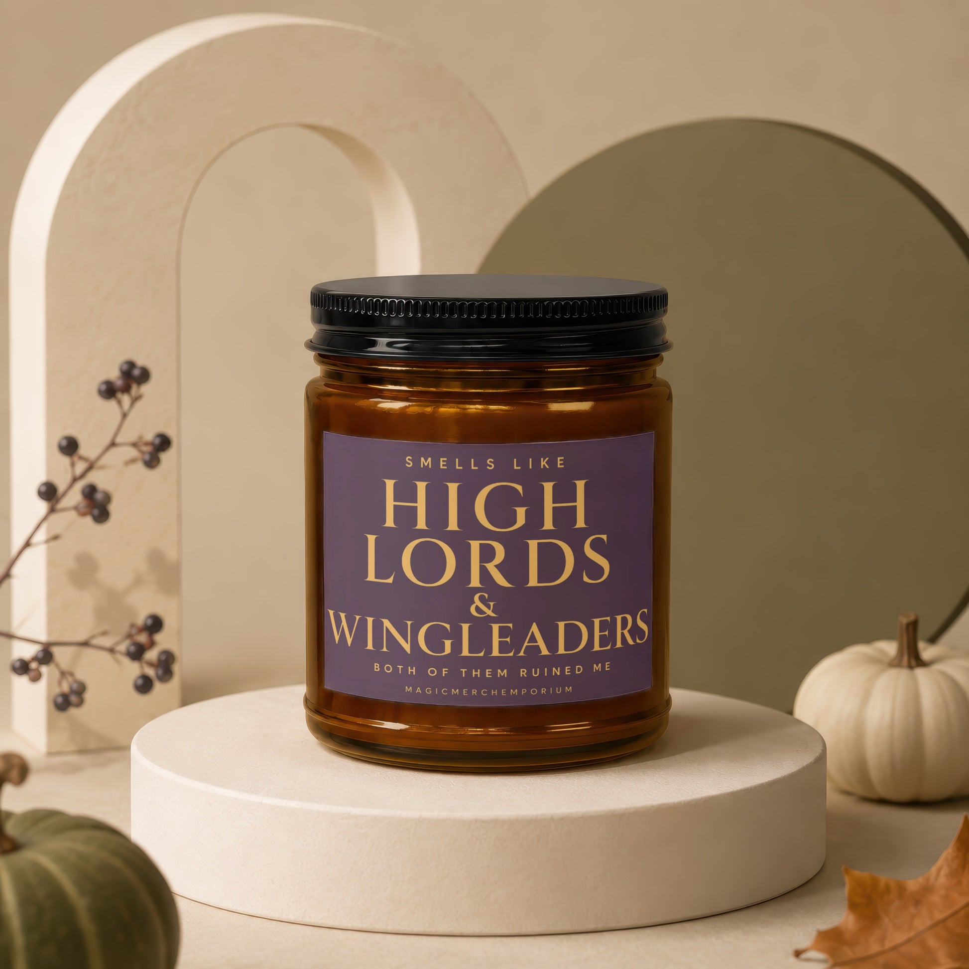Amber candle jar with a purple label reading "Smells Like High Lords & Wingleaders".