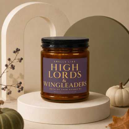 Amber candle jar with a purple label reading "Smells Like High Lords & Wingleaders".