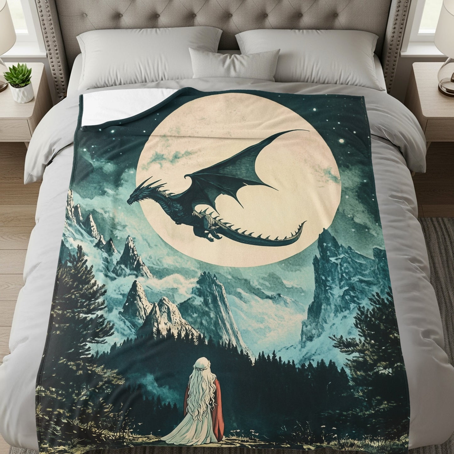 Enchanting Dragon Over Moon Fantasy Scene Blanket