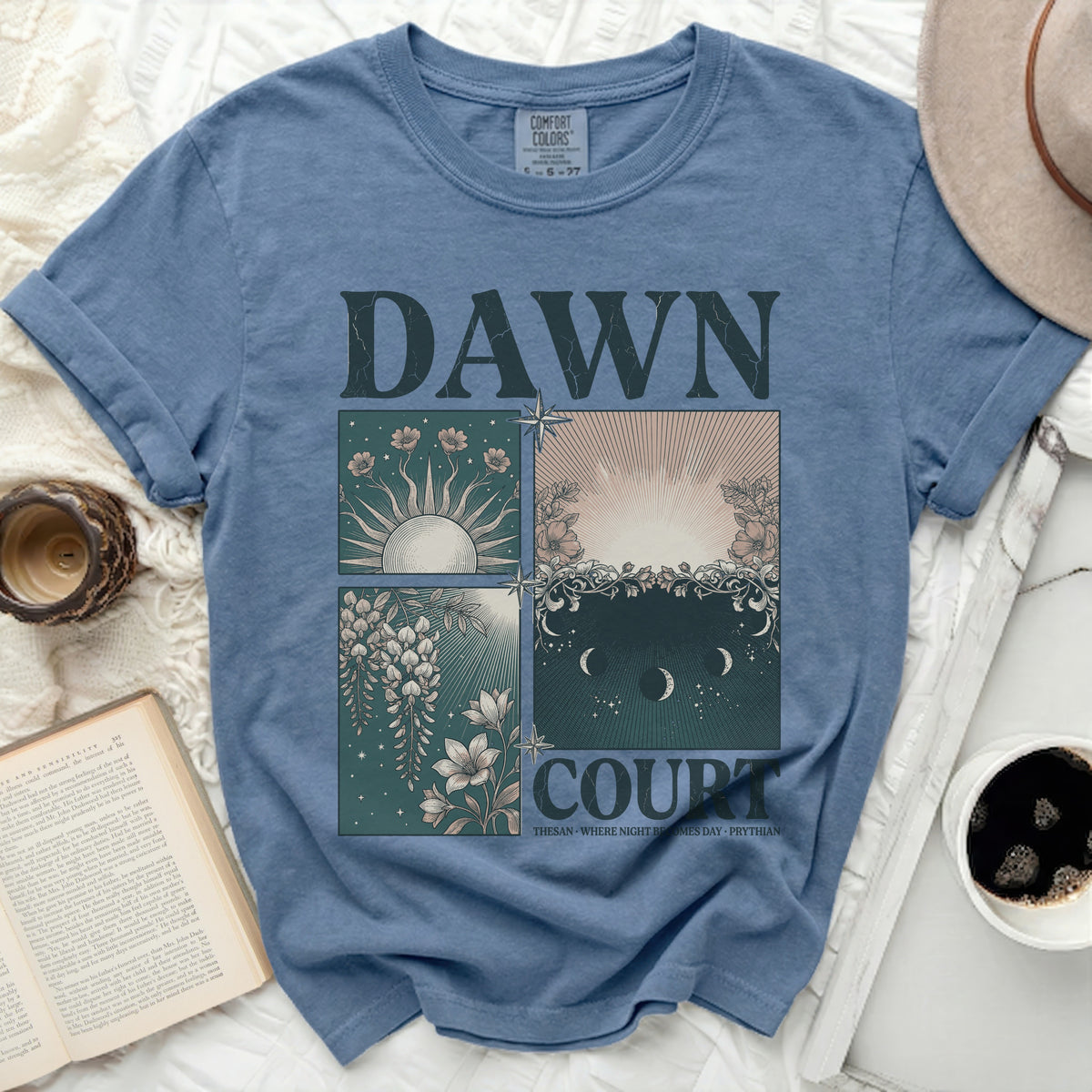 Comfort Colors t-shirt with "DAWN COURT" graphic of sun and moon phases.