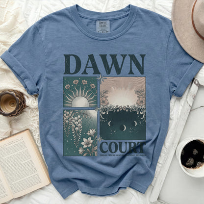 Comfort Colors t-shirt with "DAWN COURT" graphic of sun and moon phases.