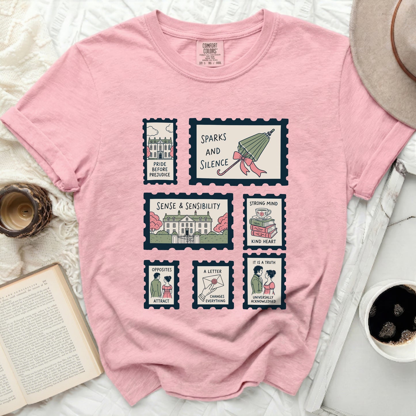 Pink t-shirt with postage stamps of literary titles including Pride and Prejudice.