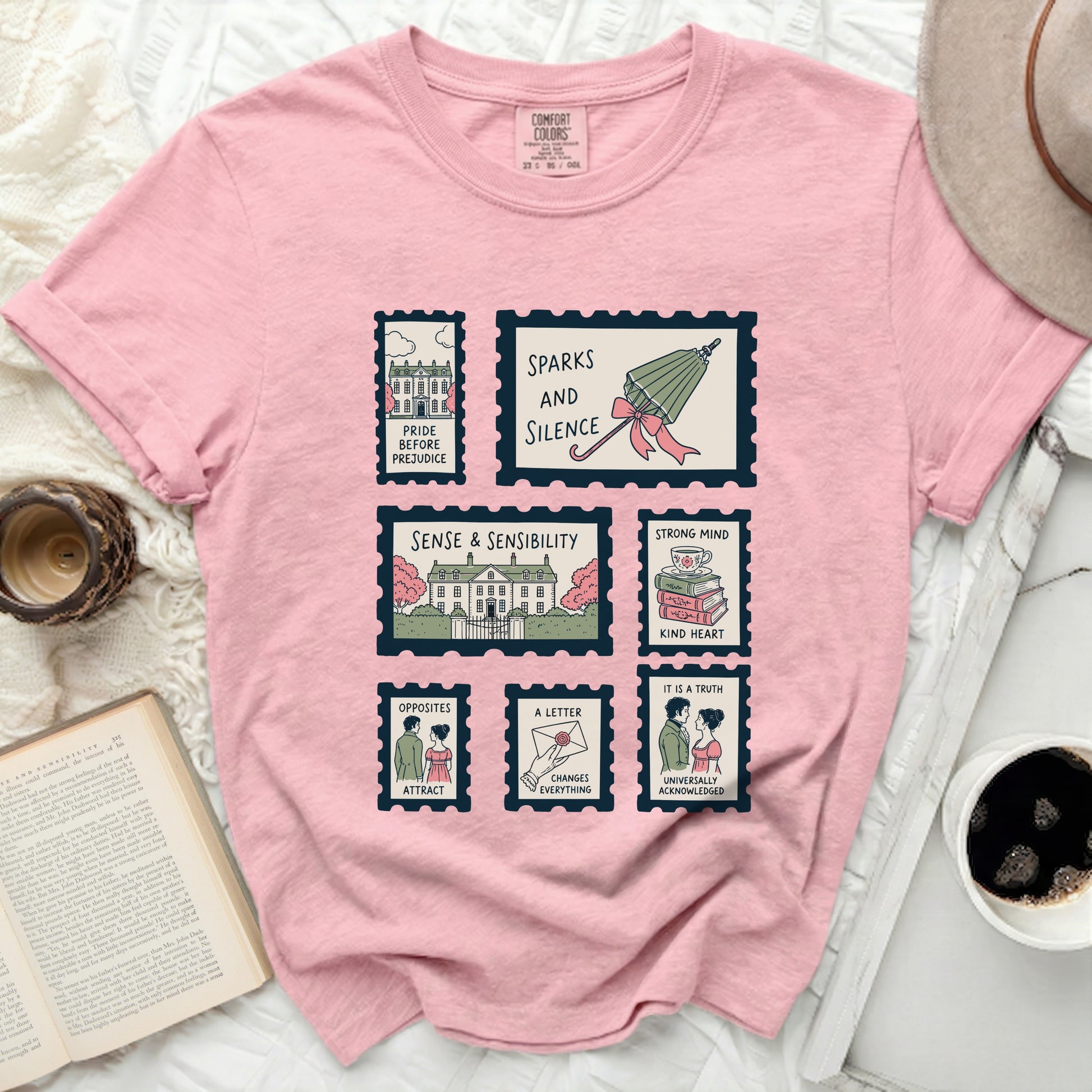 Pink t-shirt with postage stamps of literary titles including Pride and Prejudice.