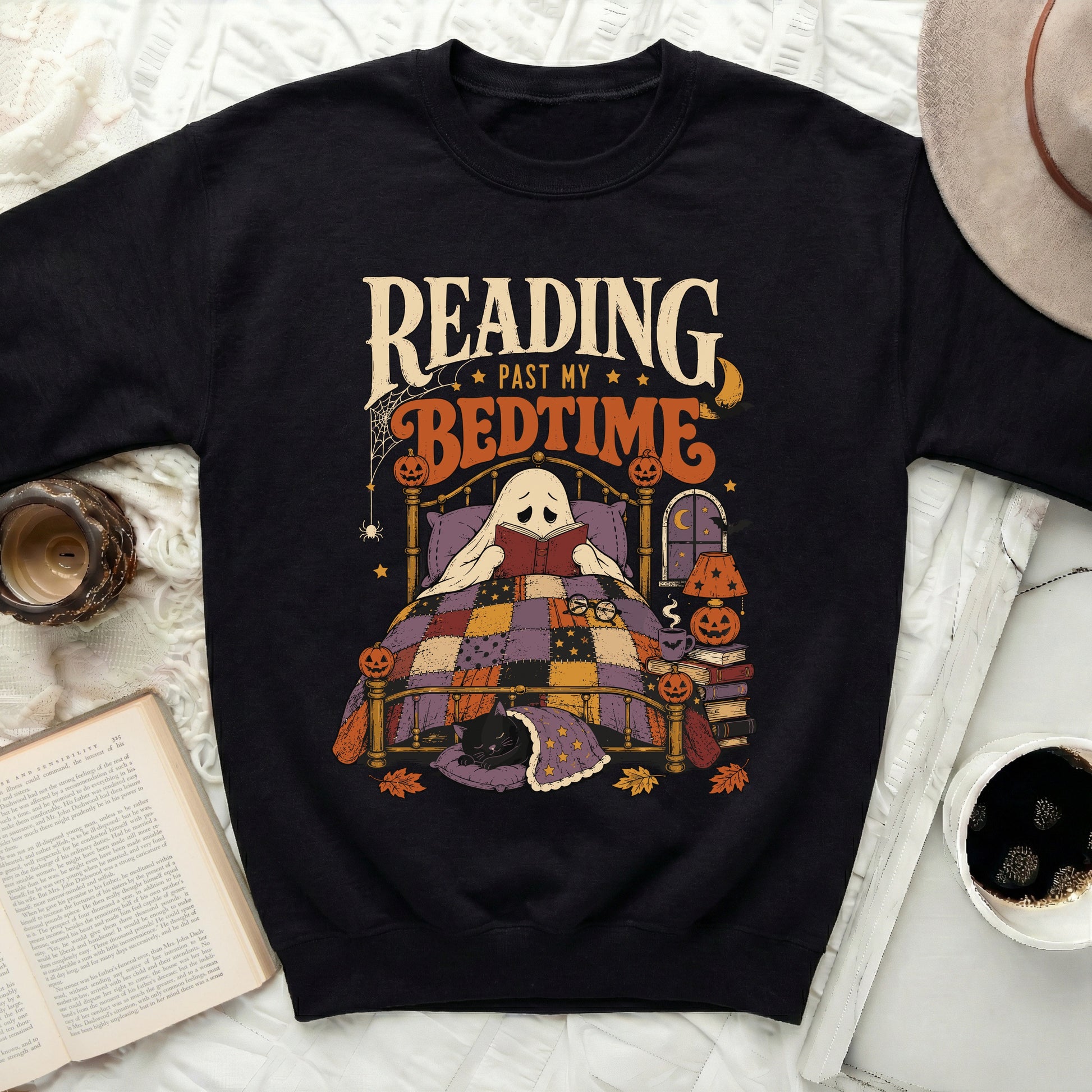 Ghost in bed reading, "Reading Past My Bedtime" text, black cat.