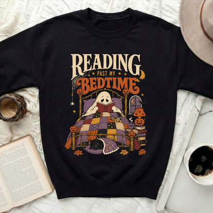 Ghost in bed reading, "Reading Past My Bedtime" text, black cat.