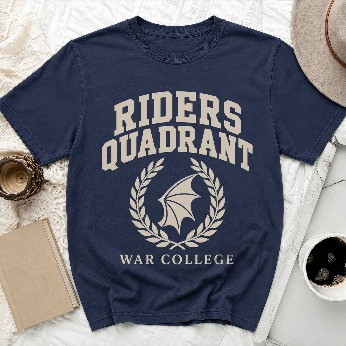 Navy t-shirt with Riders Quadrant War College text and a winged emblem.