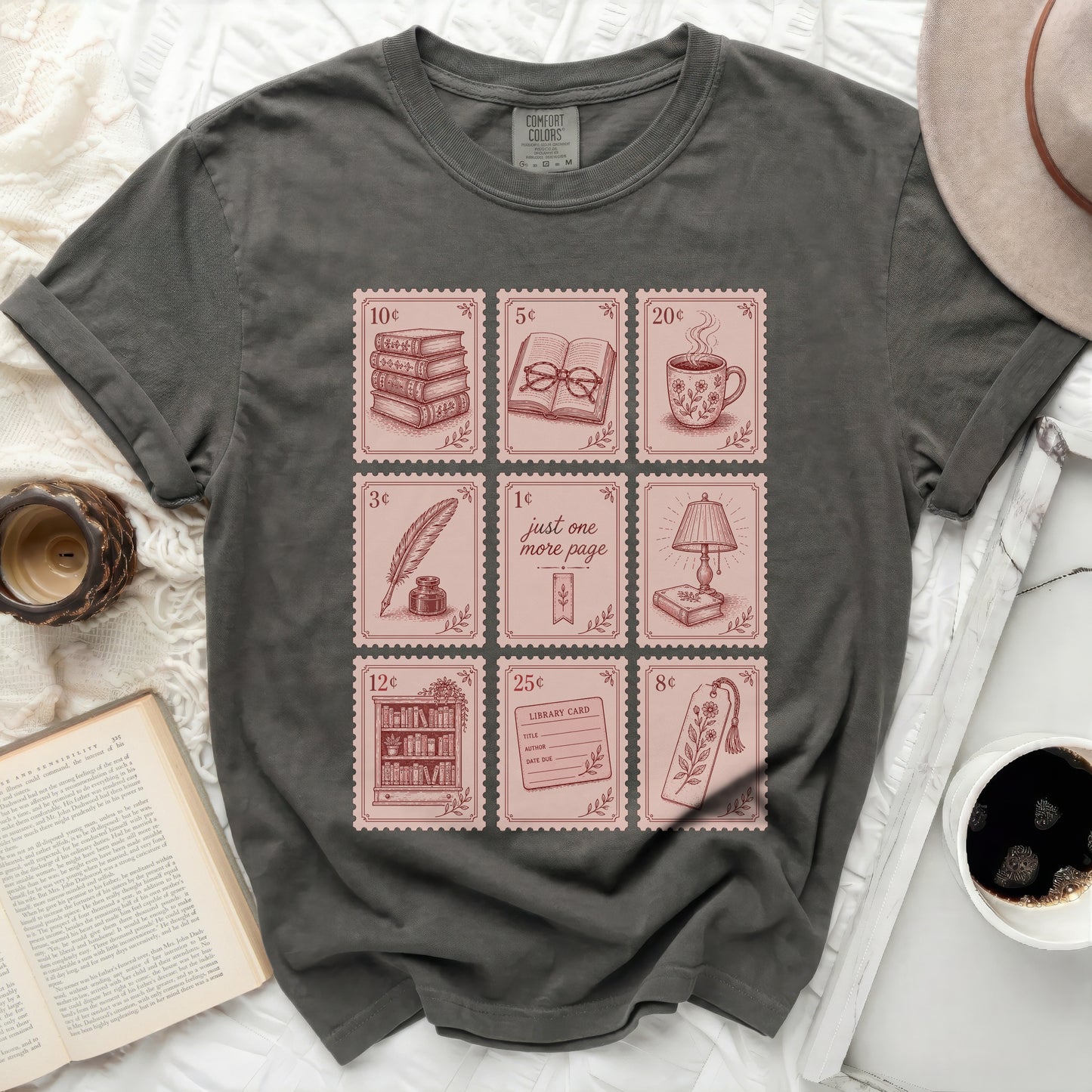 T-shirt with nine postage stamp designs featuring books and reading.