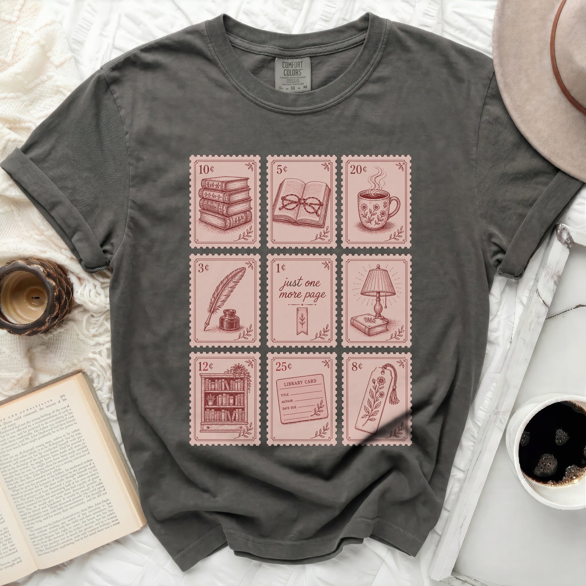 T-shirt with nine postage stamp designs featuring books and reading.