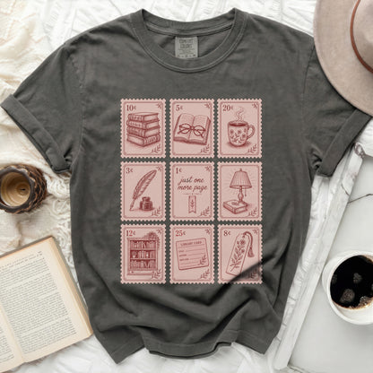T-shirt with nine postage stamp designs featuring books and reading.
