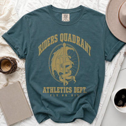 Slate blue Comfort Colors t-shirt featuring gold graphic with sword, dragon, and Riders Quadrant Athletics Dept text.
