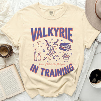 Cream t-shirt with "Valkyrie in Training" and sword graphic.