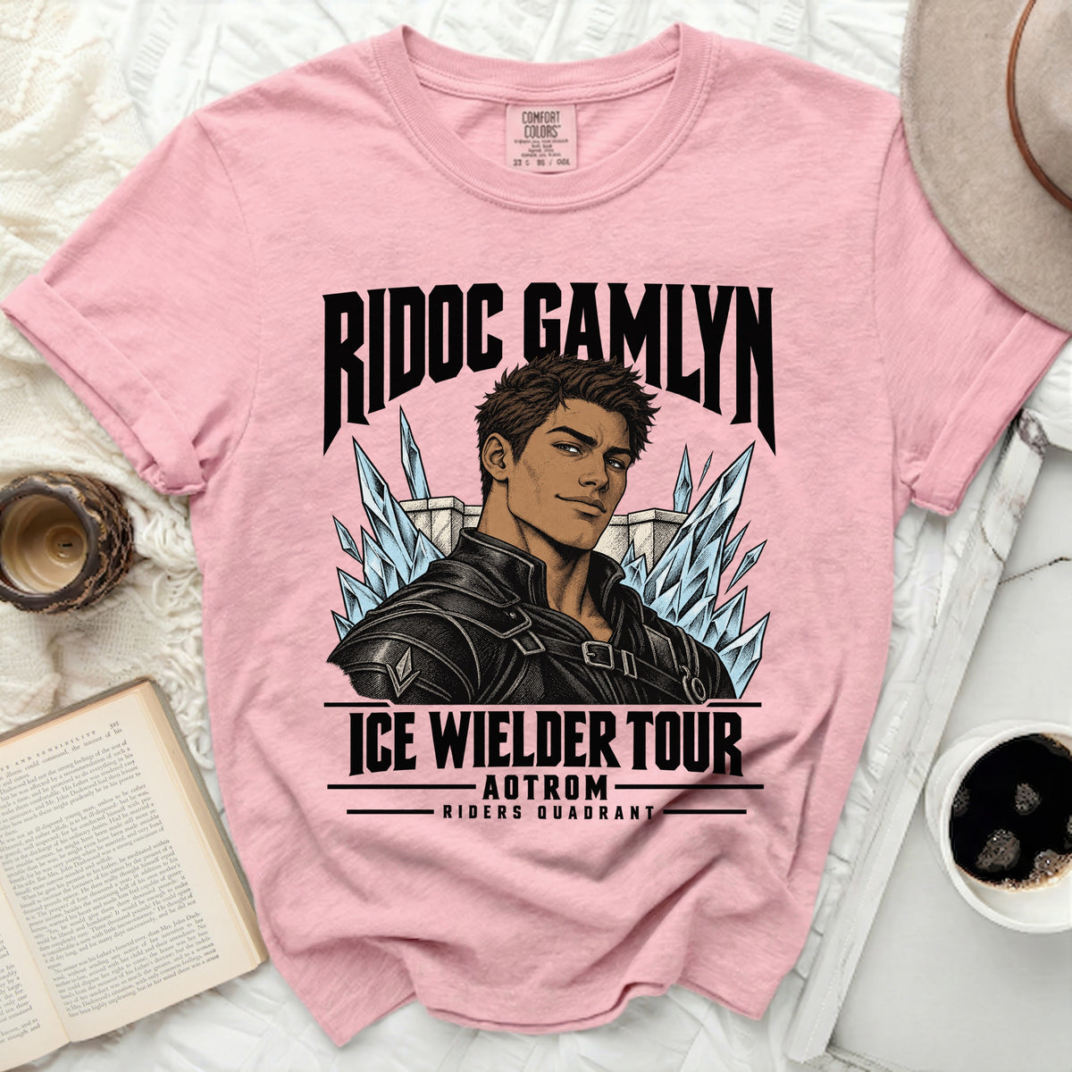 Pink t-shirt featuring "RIDOC GAMLYN ICE WIELDER TOUR AOTROM RIDERS QUADRANT" text.