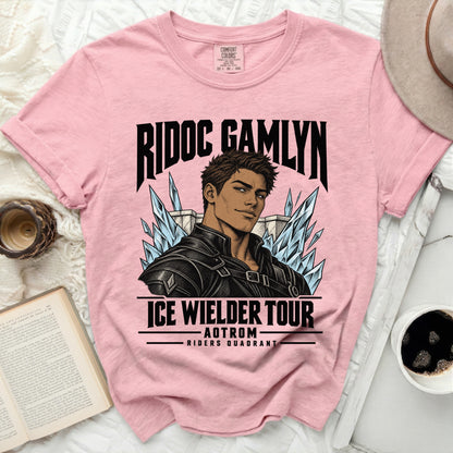 Pink t-shirt featuring "RIDOC GAMLYN ICE WIELDER TOUR AOTROM RIDERS QUADRANT" text.