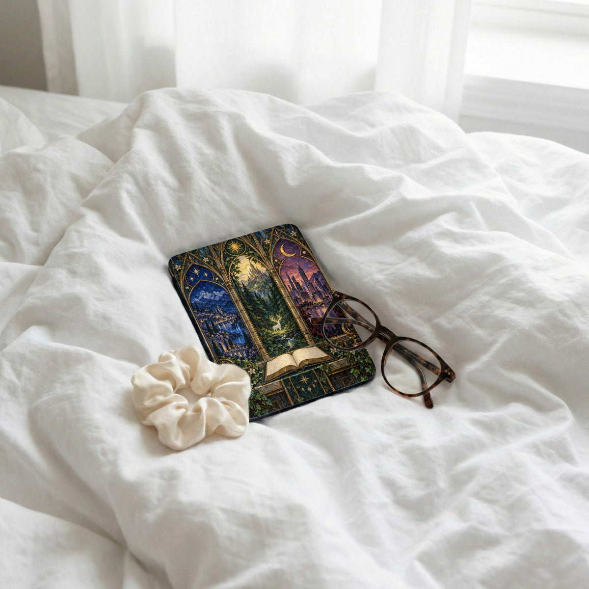 Book with fantasy art and glasses on a white duvet.