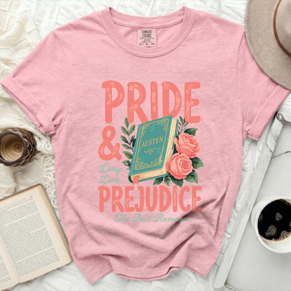 Pink t-shirt with "Pride & Prejudice The Best Romance" text and book illustration.