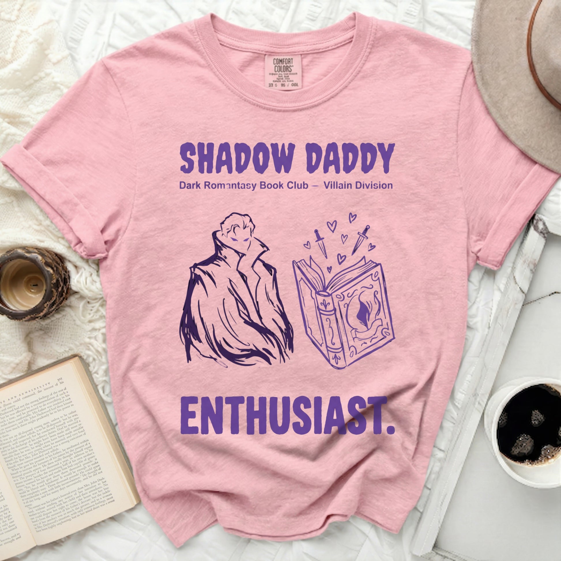 Pink t-shirt with "Shadow Daddy" book club design and "Enthusiast."