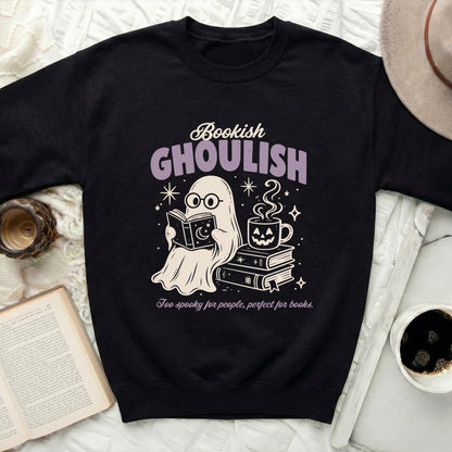 Black sweatshirt with ghost reading books, coffee, and text.