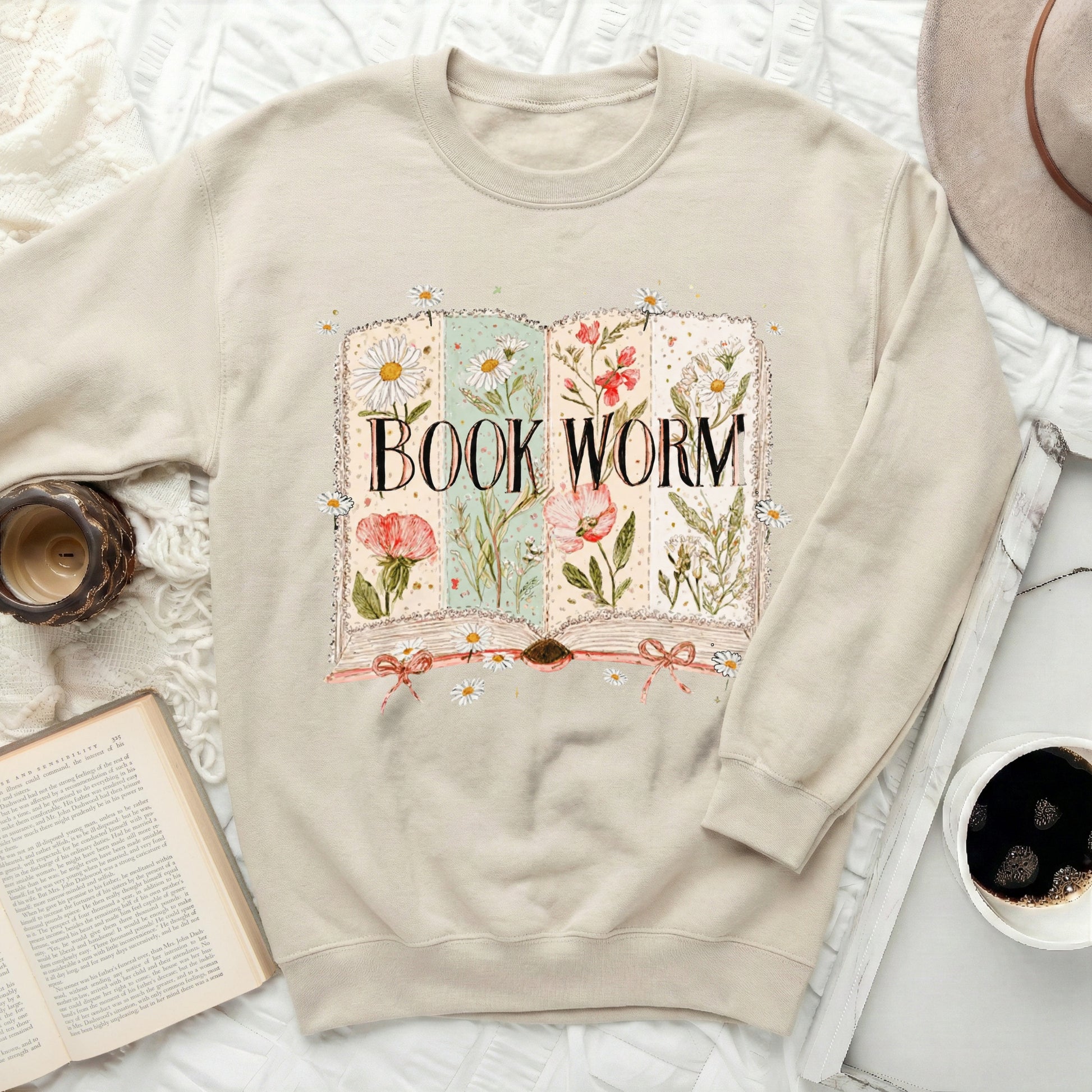 Book Worm Graphic Sweatshirt with Floral Design