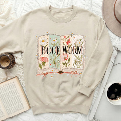 Book Worm Graphic Sweatshirt with Floral Design