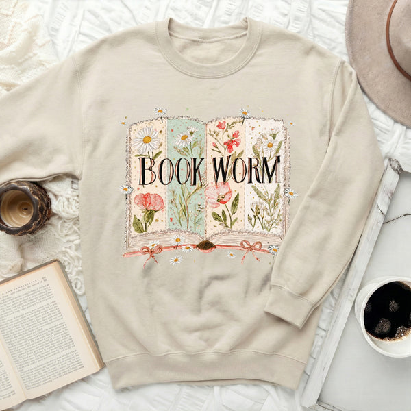 Floral Book Worm Sweatshirt in Sand
