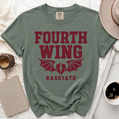 Sage green t-shirt with burgundy "FOURTH WING BASGIATH" text and dragon wings.