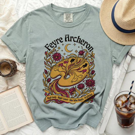 Light blue t-shirt with "Feyre Archery" text and floral design.