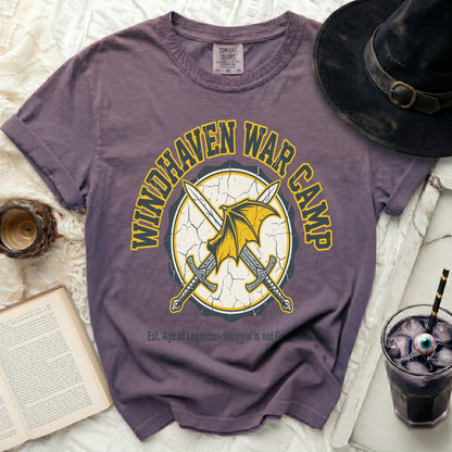 Purple t-shirt with "WINDHAVEN WAR CAMP" and crossed swords graphic.