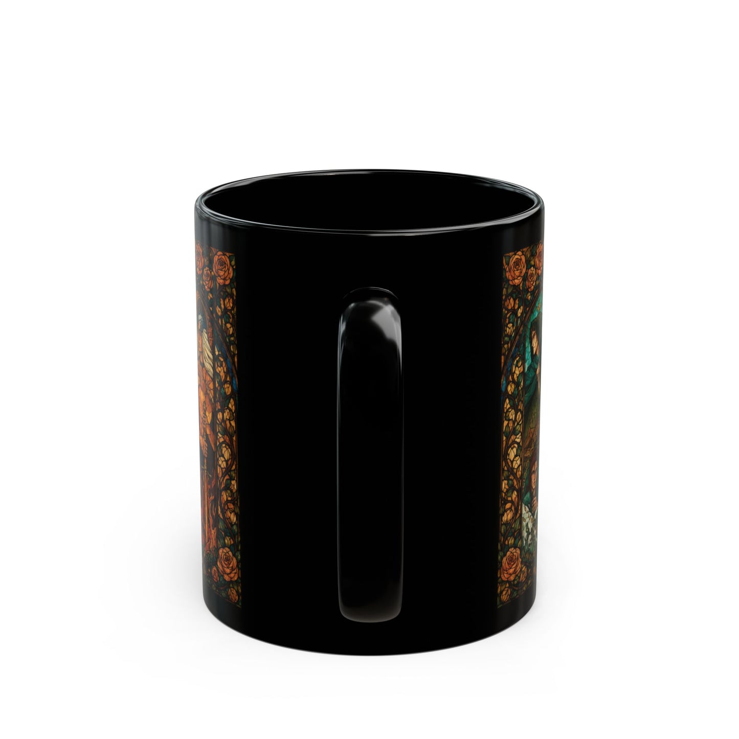 Black mug with stained glass and rose design on the sides.