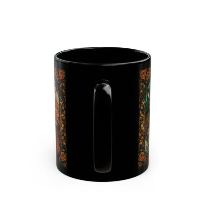 Black mug with stained glass and rose design on the sides.