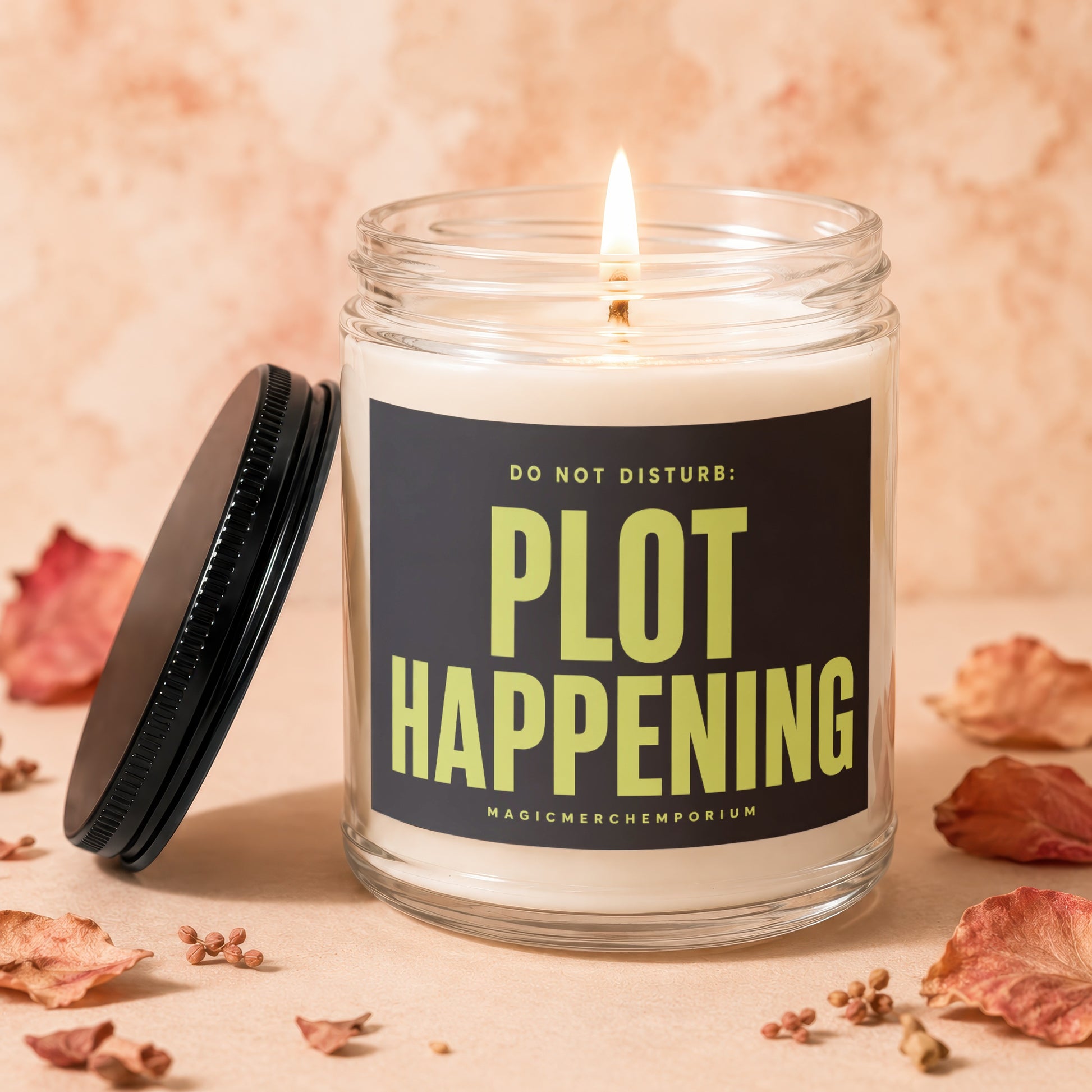 Lit candle with "DO NOT DISTURB: PLOT HAPPENING" text and "MAGICMERCHEMPORIUM" at bottom.