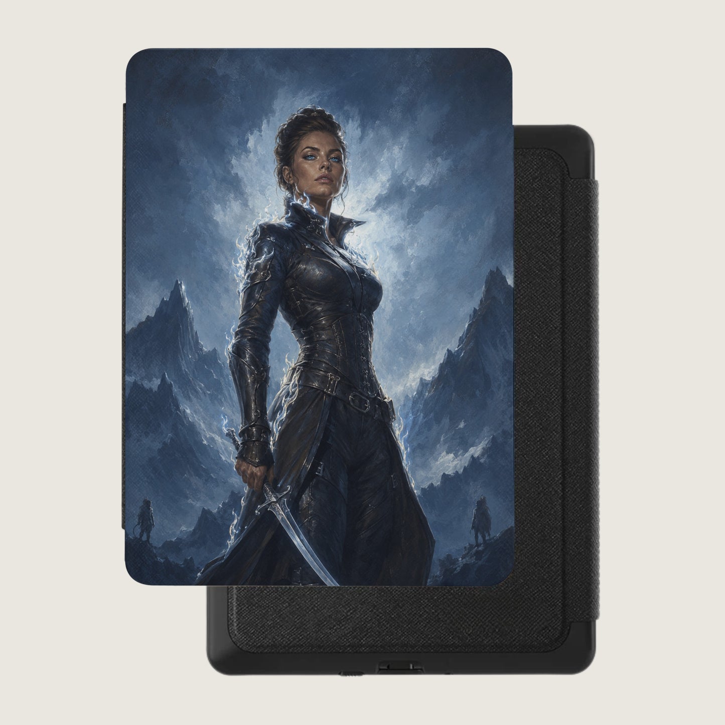 Fantasy warrior woman with sword on dark, stormy mountain background.