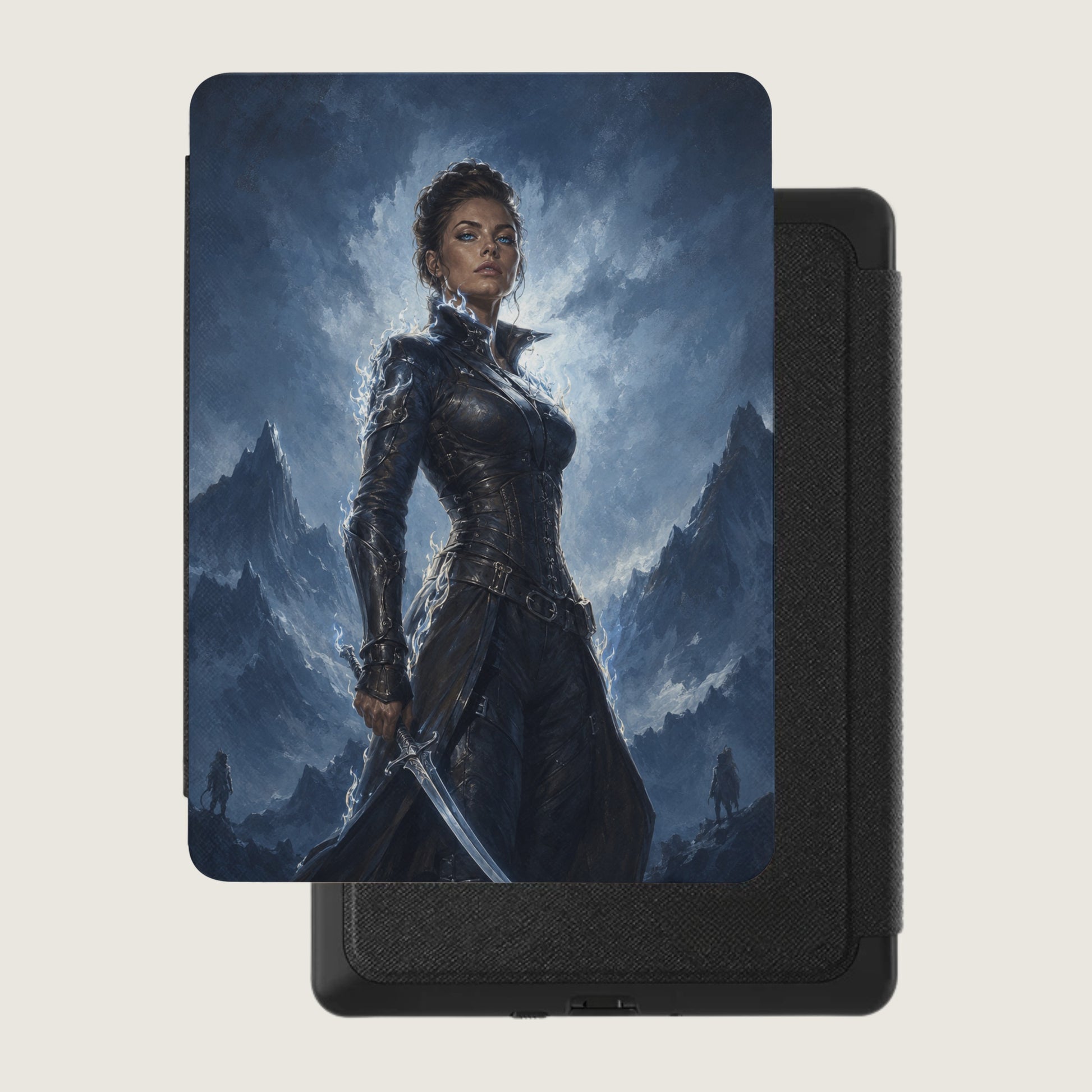 Fantasy warrior woman with sword on dark, stormy mountain background.