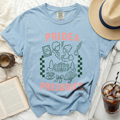 Light blue t-shirt with "Pride & Prejudice" and Austen-themed graphic.