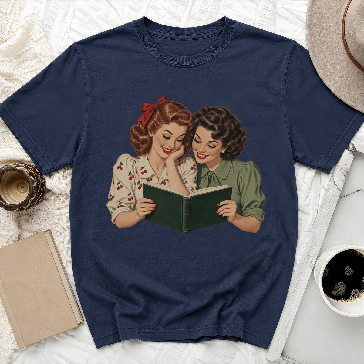 Retro illustration of two women reading a book together.