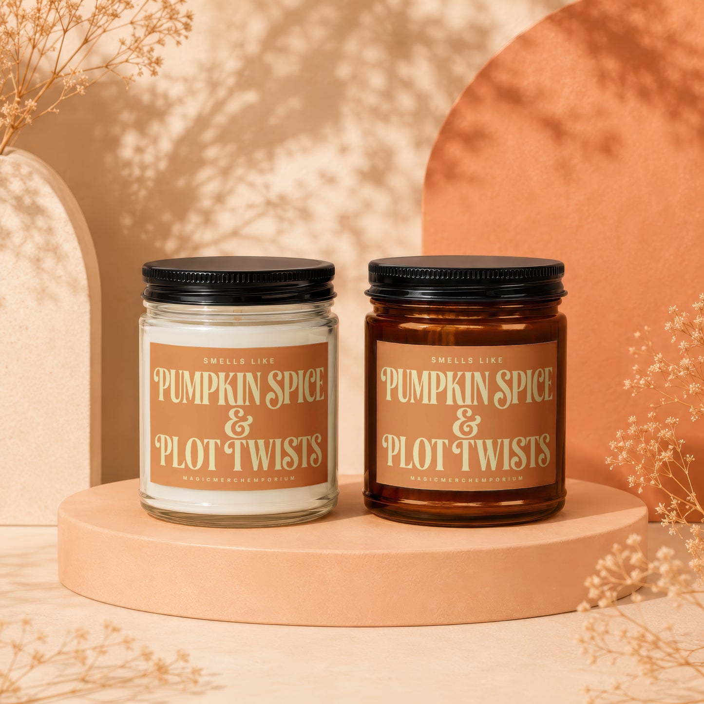 Two candles labeled "Pumpkin Spice & Plot Twists" by MagicMerchEmporium.