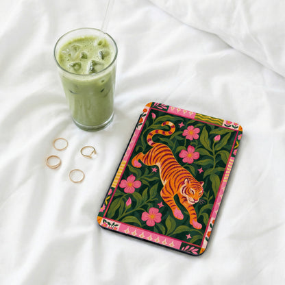 Tablet case with orange tiger and pink flowers on dark green background.