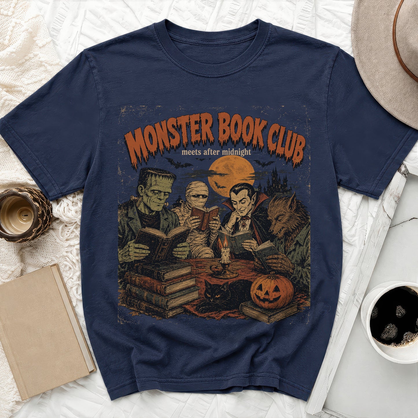 T-shirt graphic: Monster Book Club meets after midnight with literary monsters.