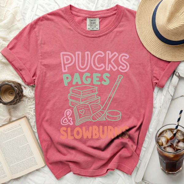 Pucks, Pages & Slow Burns Tee in Crunchberry