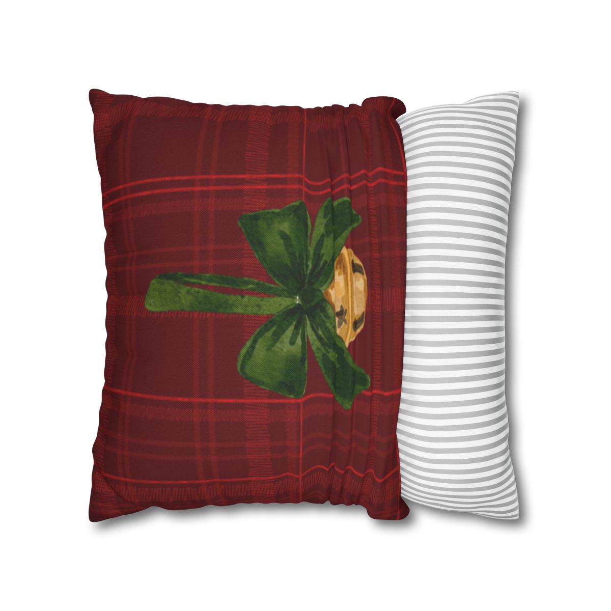 Festive Red Plaid Throw Pillow With Green Bow Design