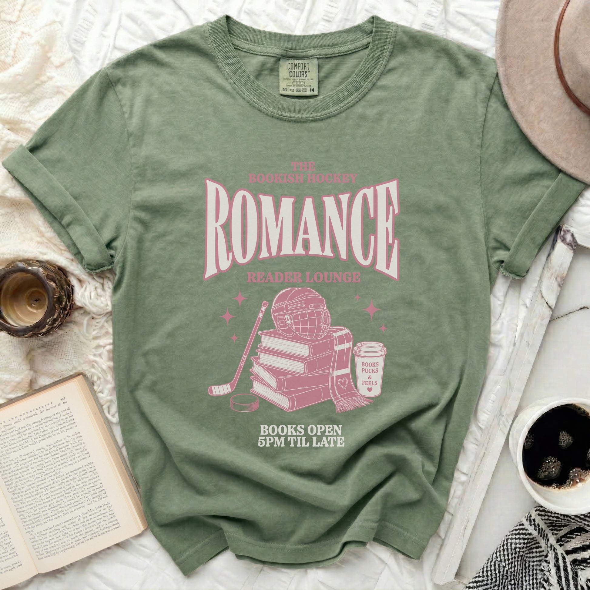 Bookish Hockey Romance Reader Lounge t-shirt with books and hockey gear.